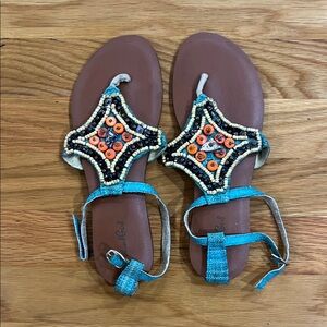 Vibrant Beaded Sandals with Blue with Orange and Yellow Accents